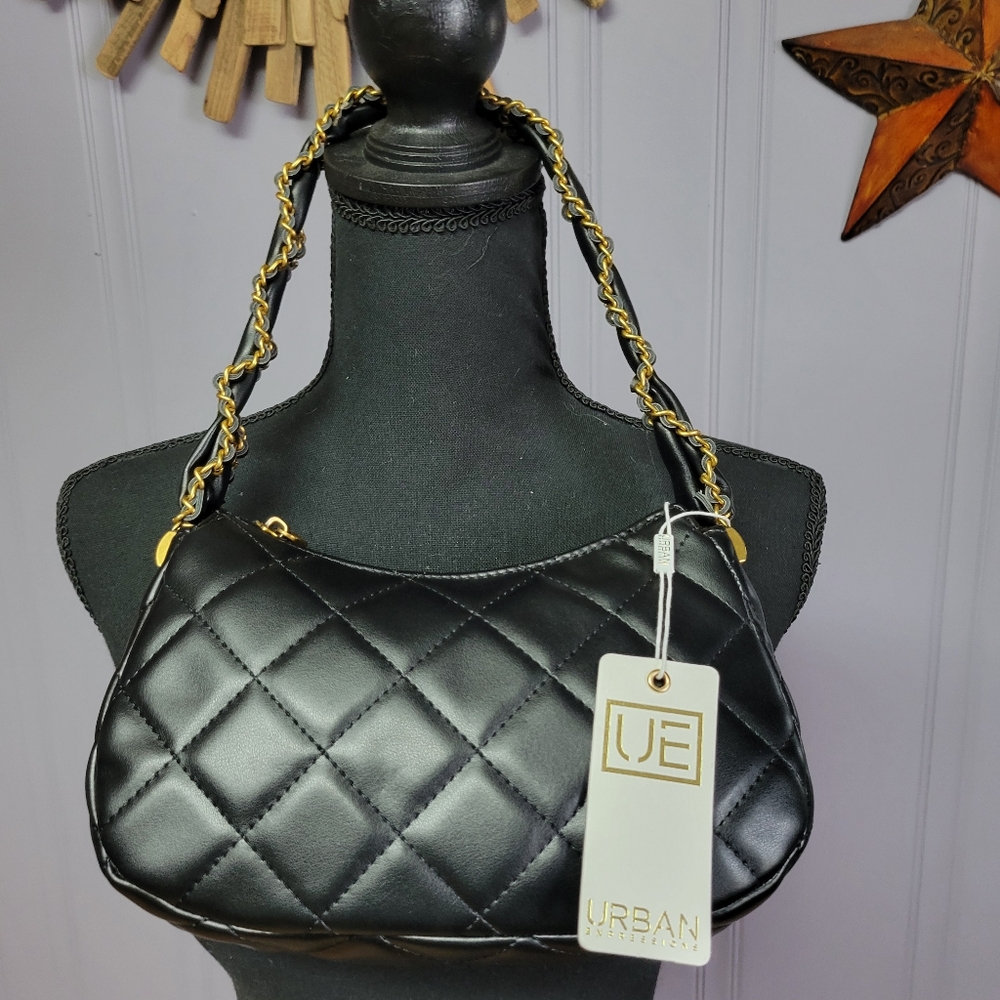 Urban expressions black quilted shoulder bag gold tone metal accent - Picture 2 of 12